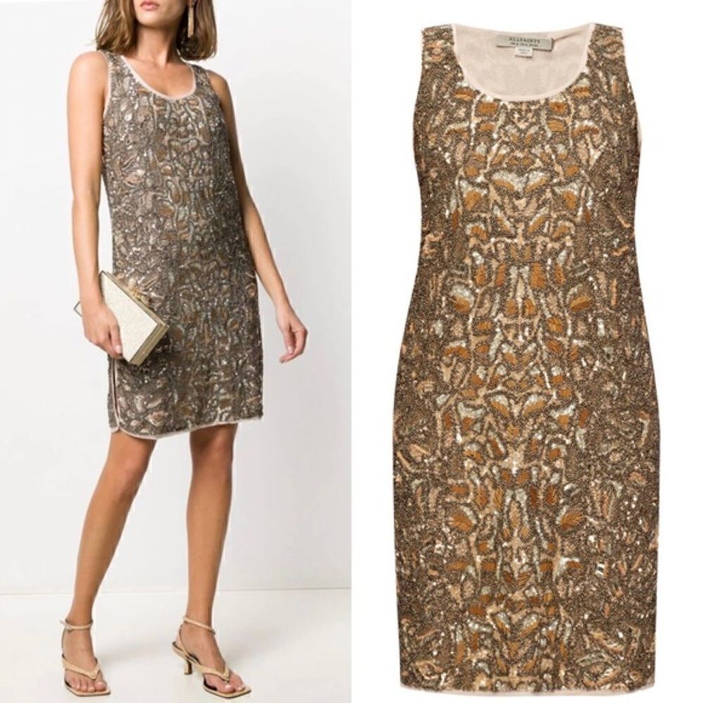 NWT All Saints Brellie Mini Brown Gold Dress Embellished Size 2